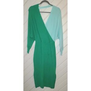 Women's L Sweater Knit Dress Batwing Sleeve Faux Wrap V-Neck Back, Splits Green